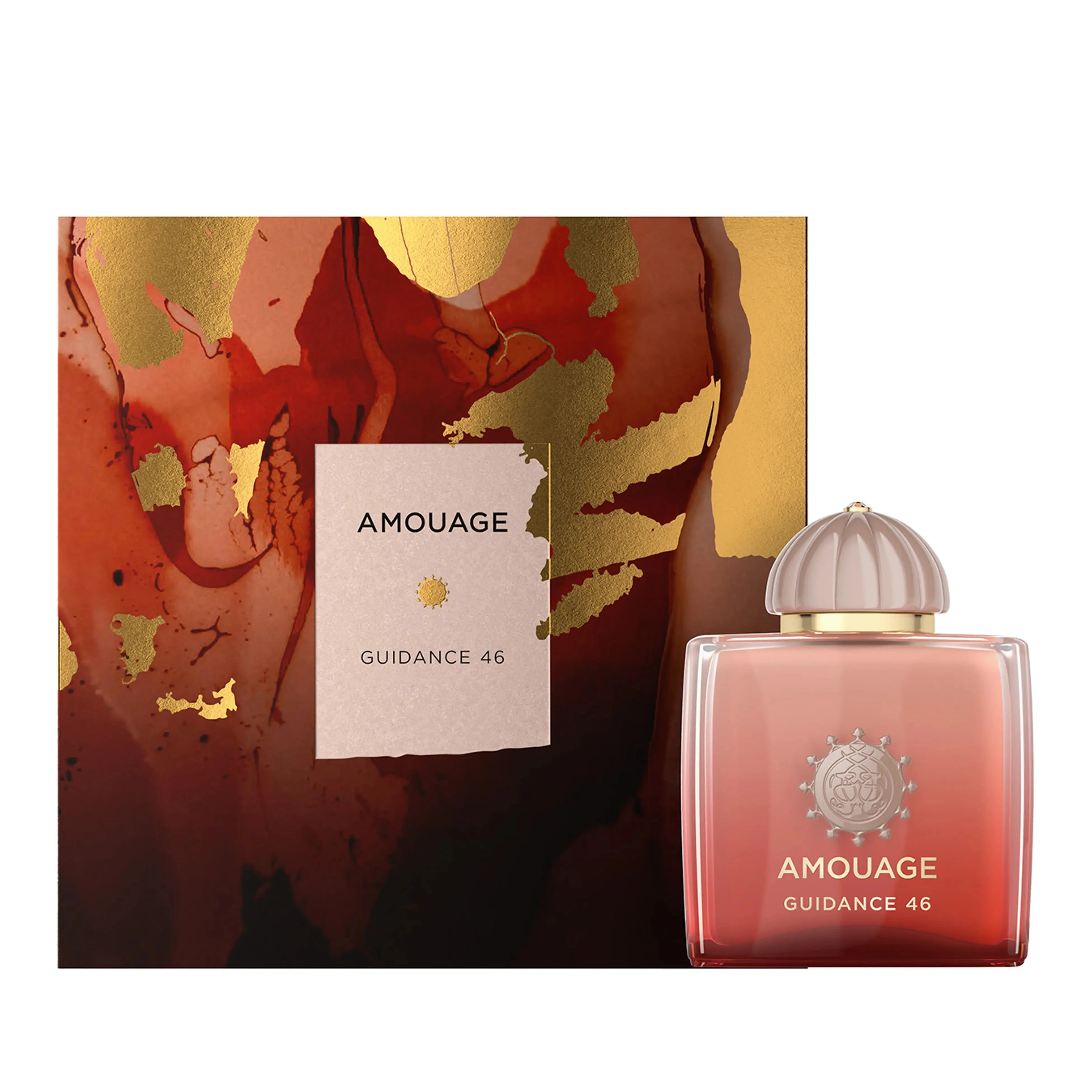Amouage Guidance 46 perfume bottle and its matching outer packaging box. The bottle is a frosted pink glass with a metallic rose gold cap, and the box features an abstract red, gold, and brown pattern with a white label.