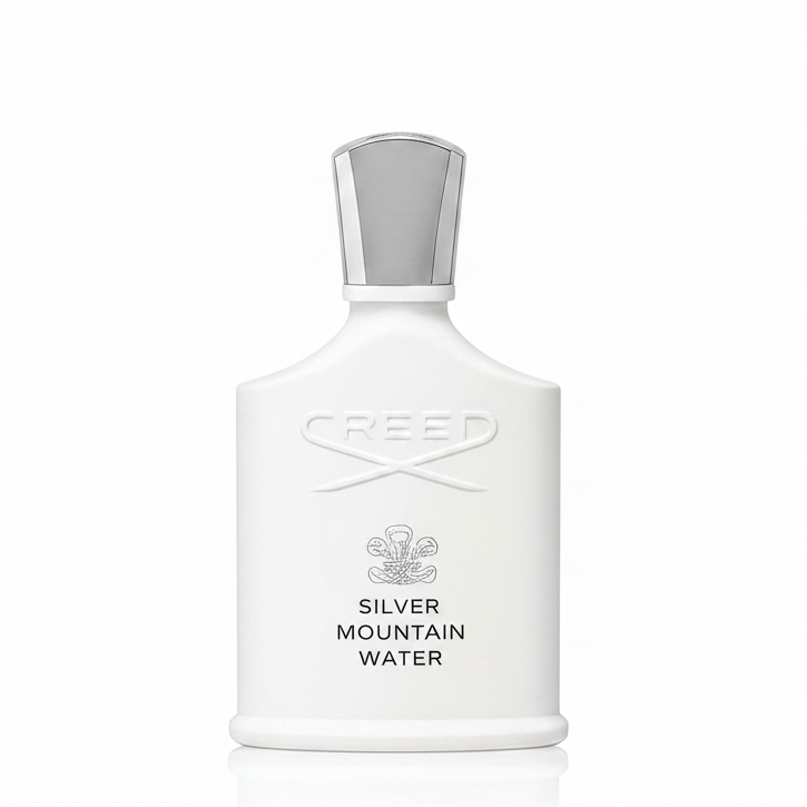 Perfume bottle labeled 'Silver Mountain Water' by Creed on a white background