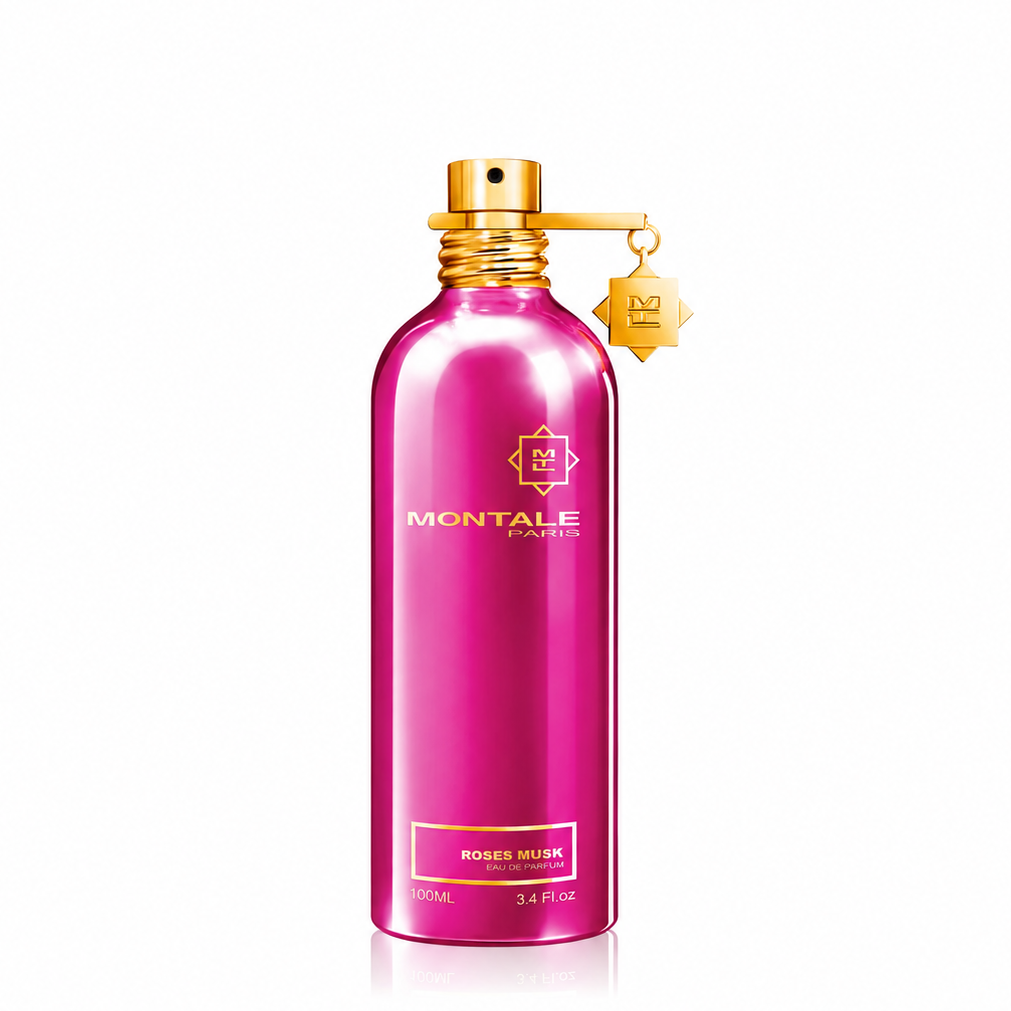 Pink perfume bottle with gold cap on a white background